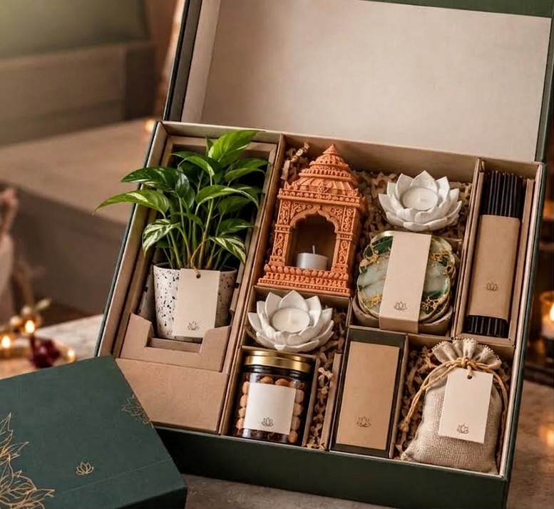 An open handcrafted DVI Studio Diwali gift box with a live plant, temple lantern, lotus diyas, coasters and incense sticks